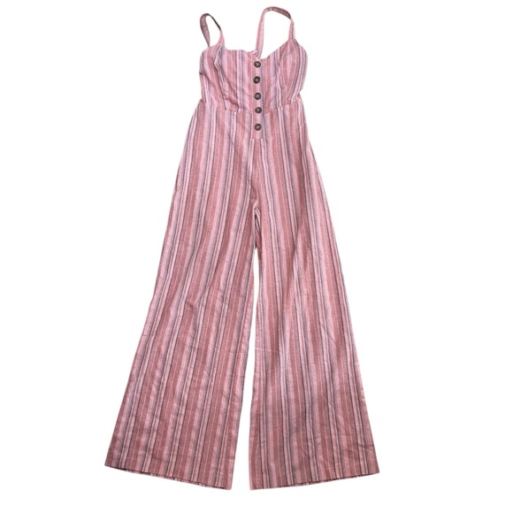 Hem & Thread Womens M 100% Cotton Wide Leg Jumpsuit Rose Pink Stripe Relaxed Fit - Picture 2 of 9